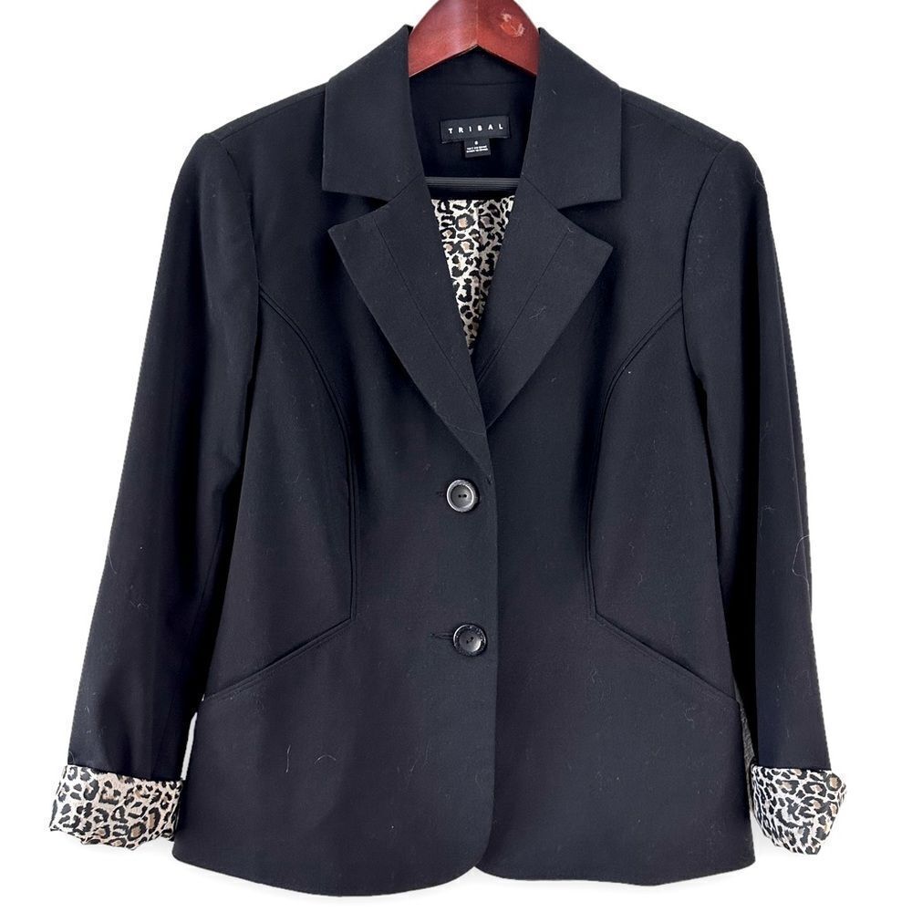 Tribal black blazer with leopard print lining size 8